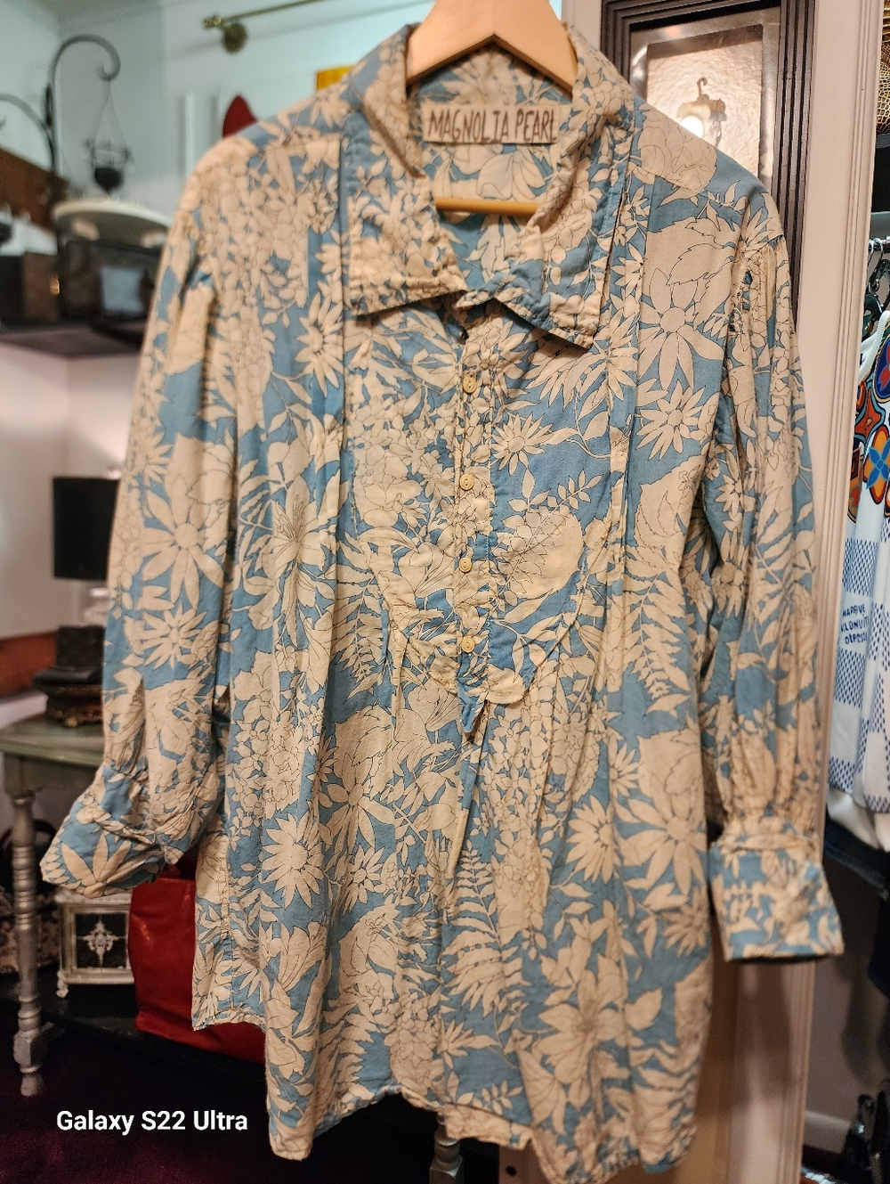 Magnolia Pearl Blue and Cream Floral Button-Front Blouse
